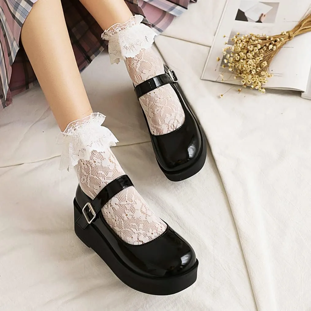 Meefit Women Platform Mary Janes Wedge Heels Uniform Dress Shoes Gothic Lolita Pumps