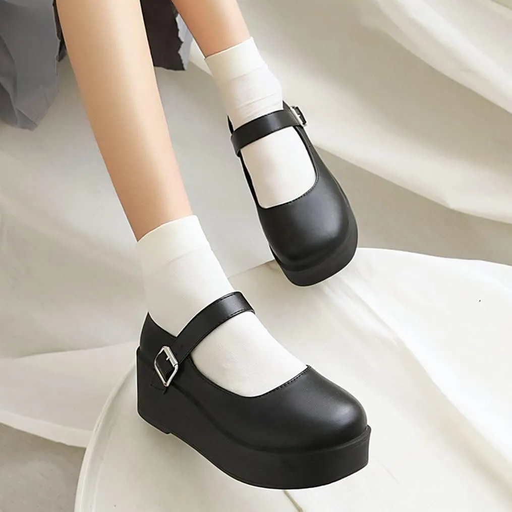Meefit Women Platform Mary Janes Wedge Heels Uniform Dress Shoes Gothic Lolita Pumps