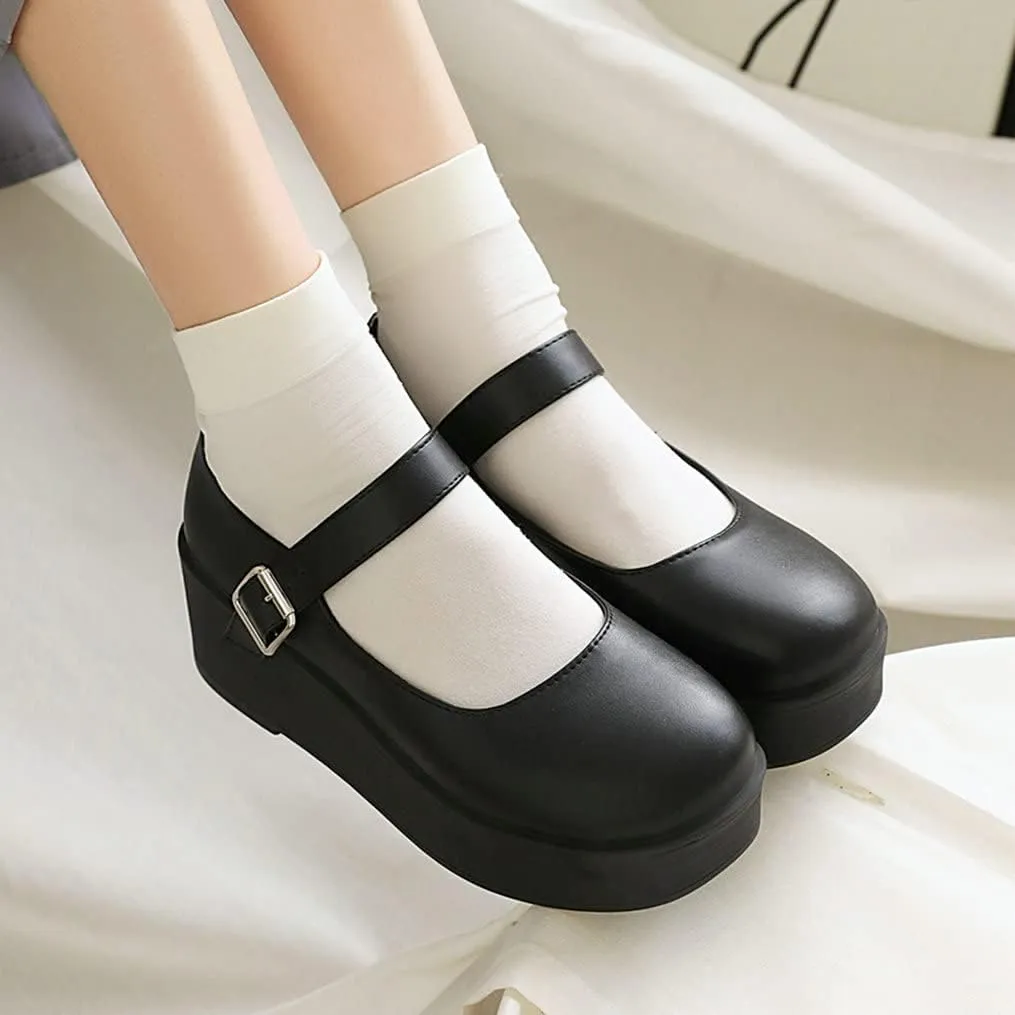 Meefit Women Platform Mary Janes Wedge Heels Uniform Dress Shoes Gothic Lolita Pumps
