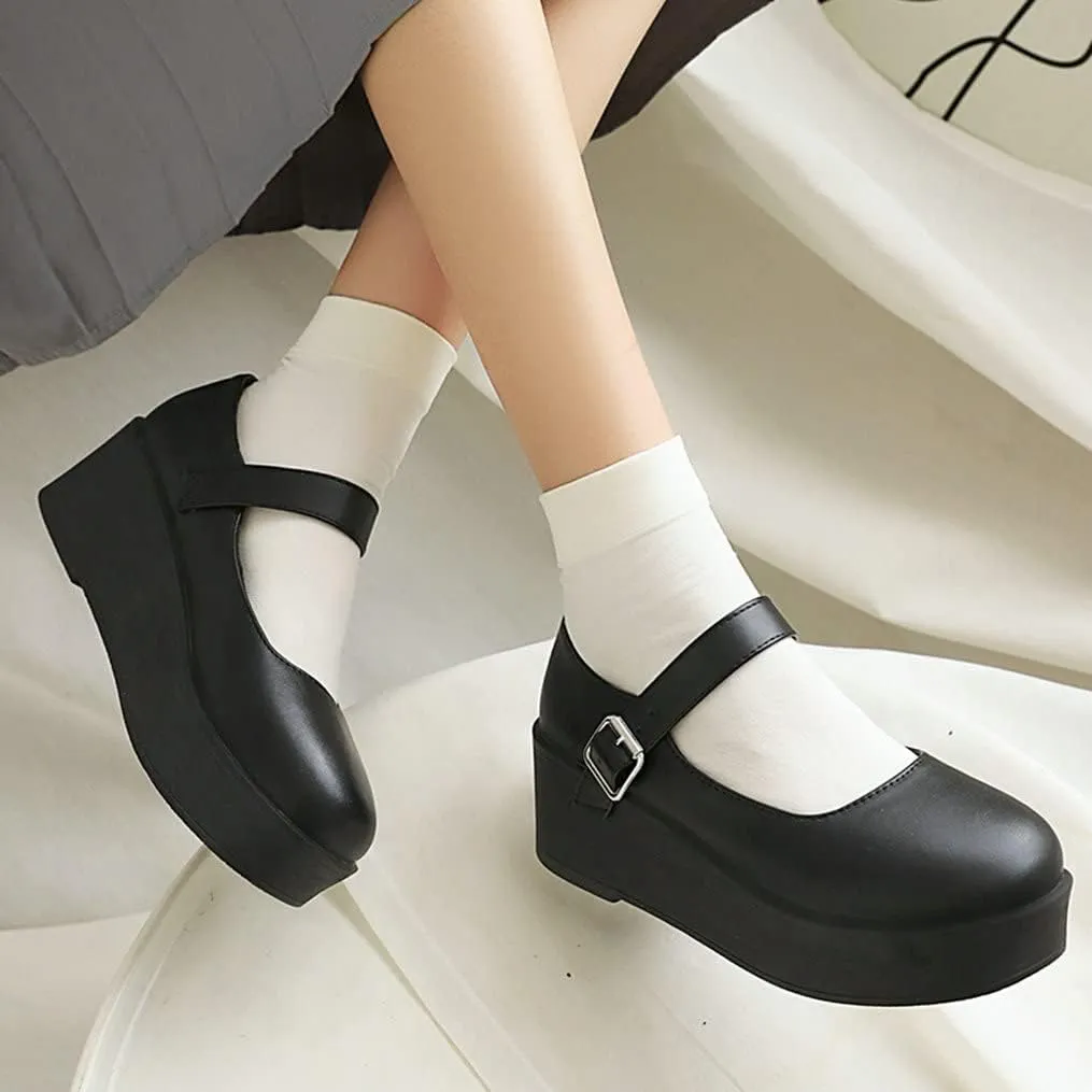 Meefit Women Platform Mary Janes Wedge Heels Uniform Dress Shoes Gothic Lolita Pumps
