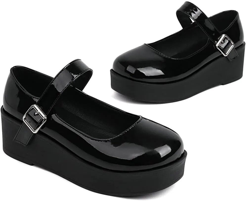 Meefit Women Platform Mary Janes Wedge Heels Uniform Dress Shoes Gothic Lolita Pumps