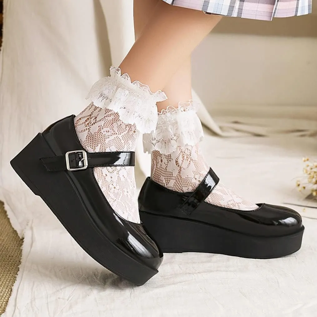 Meefit Women Platform Mary Janes Wedge Heels Uniform Dress Shoes Gothic Lolita Pumps