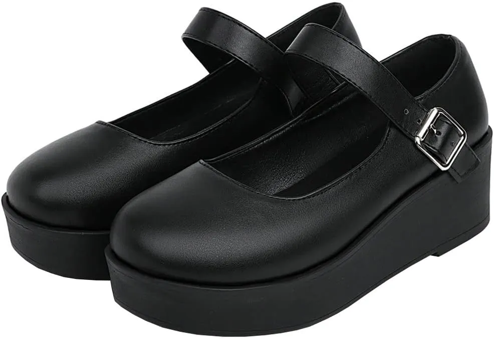 Meefit Women Platform Mary Janes Wedge Heels Uniform Dress Shoes Gothic Lolita Pumps