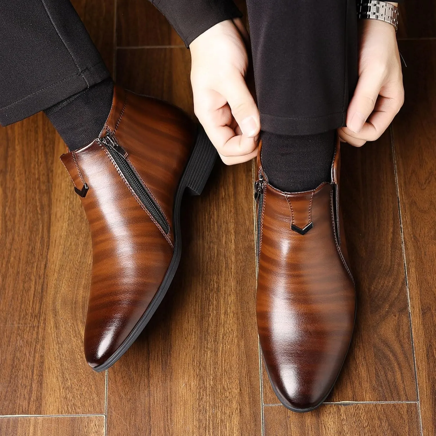 Mens Ankle Boots Supple Dress Shoes Low Heel Business Boots for Men Durable Waterproof Leather Shoes Comfortable Formal Shoe with Zipper Slip on Banquet Toe Leather Shoe
