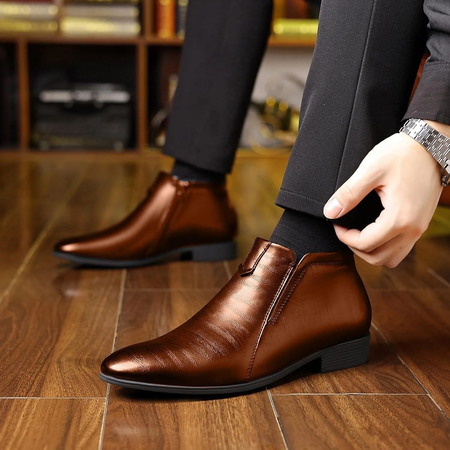 Mens Ankle Boots Supple Dress Shoes Low Heel Business Boots for Men Durable Waterproof Leather Shoes Comfortable Formal Shoe with Zipper Slip on Banquet Toe Leather Shoe