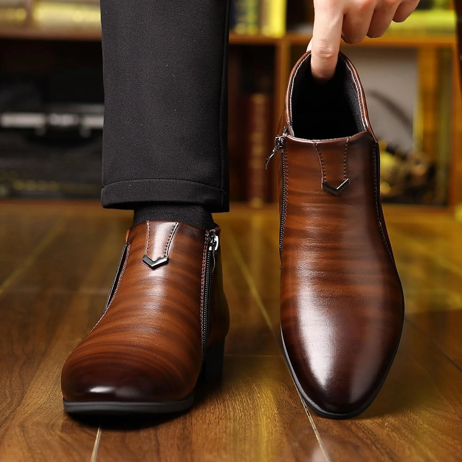 Mens Ankle Boots Supple Dress Shoes Low Heel Business Boots for Men Durable Waterproof Leather Shoes Comfortable Formal Shoe with Zipper Slip on Banquet Toe Leather Shoe