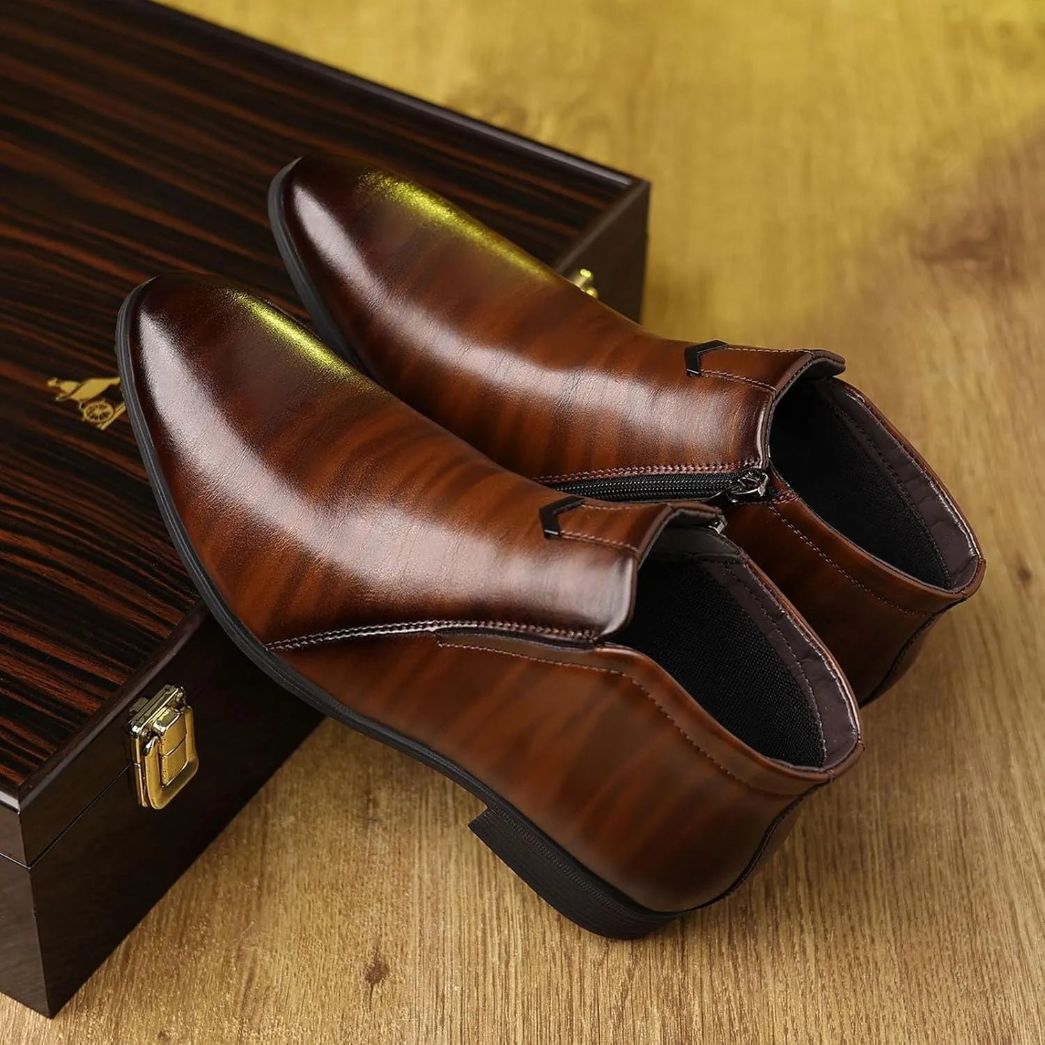 Mens Ankle Boots Supple Dress Shoes Low Heel Business Boots for Men Durable Waterproof Leather Shoes Comfortable Formal Shoe with Zipper Slip on Banquet Toe Leather Shoe