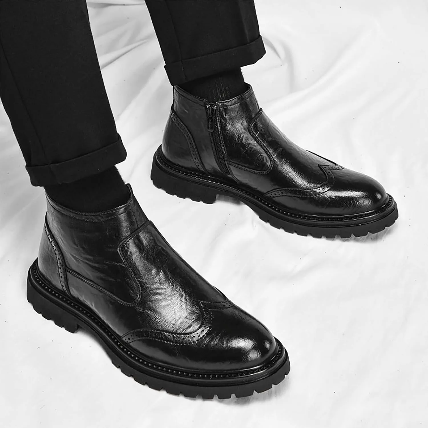 Men's Autumn/Winter New Genuine Leather Brogue Slip-On Thick Sole Mid-Calf Booties For Business Casual & Dressy Occasions - Comfortable & Durable