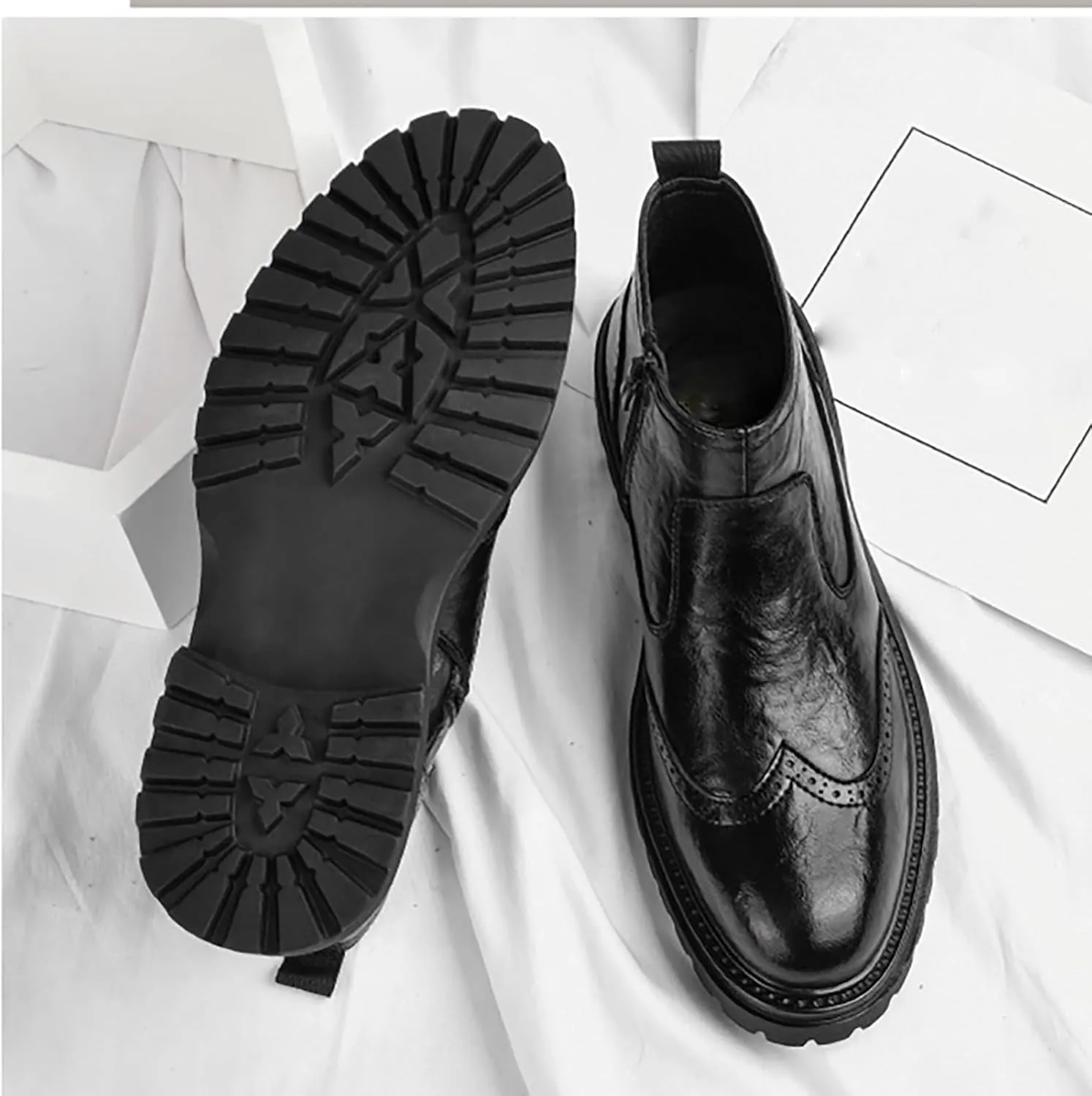 Men's Autumn/Winter New Genuine Leather Brogue Slip-On Thick Sole Mid-Calf Booties For Business Casual & Dressy Occasions - Comfortable & Durable