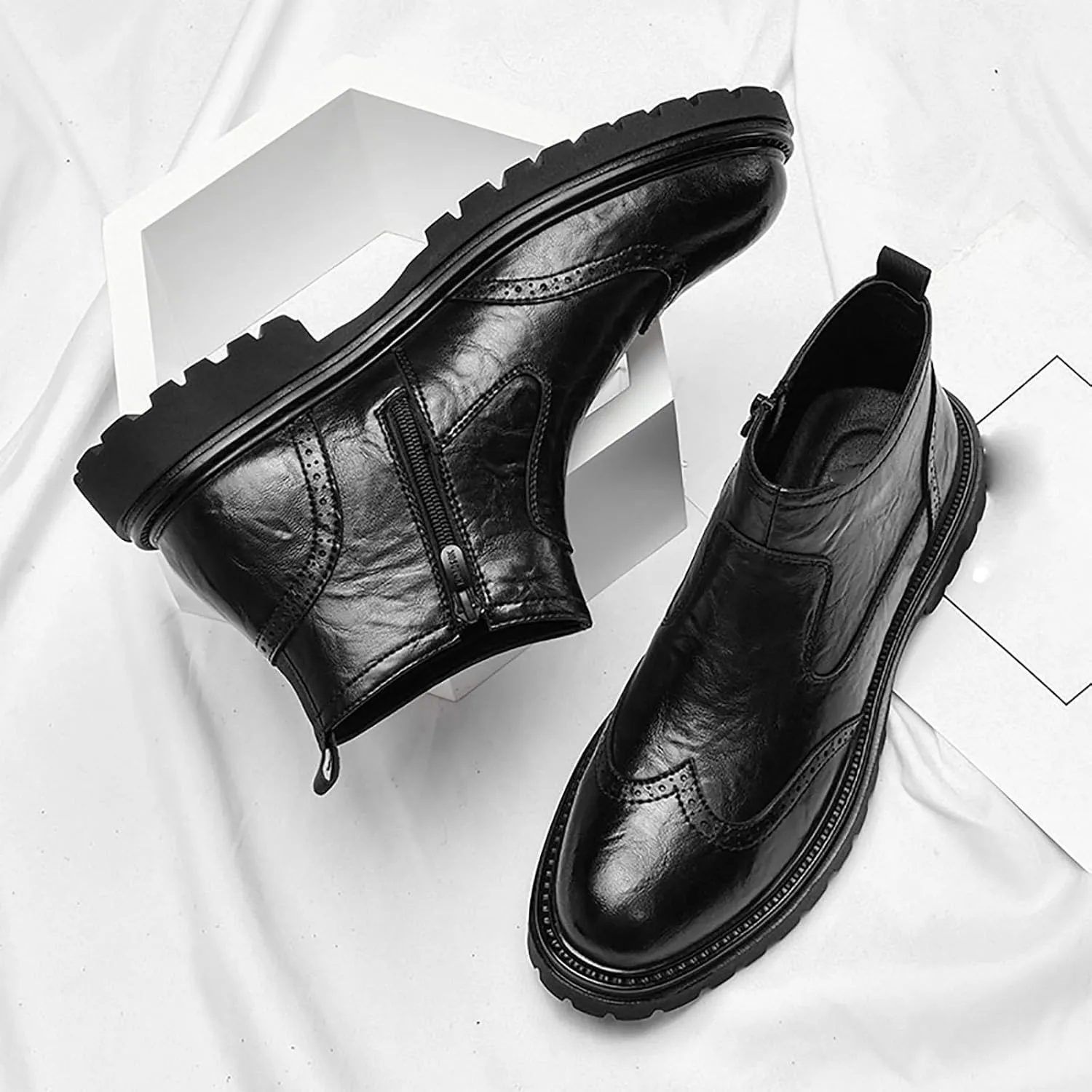 Men's Autumn/Winter New Genuine Leather Brogue Slip-On Thick Sole Mid-Calf Booties For Business Casual & Dressy Occasions - Comfortable & Durable
