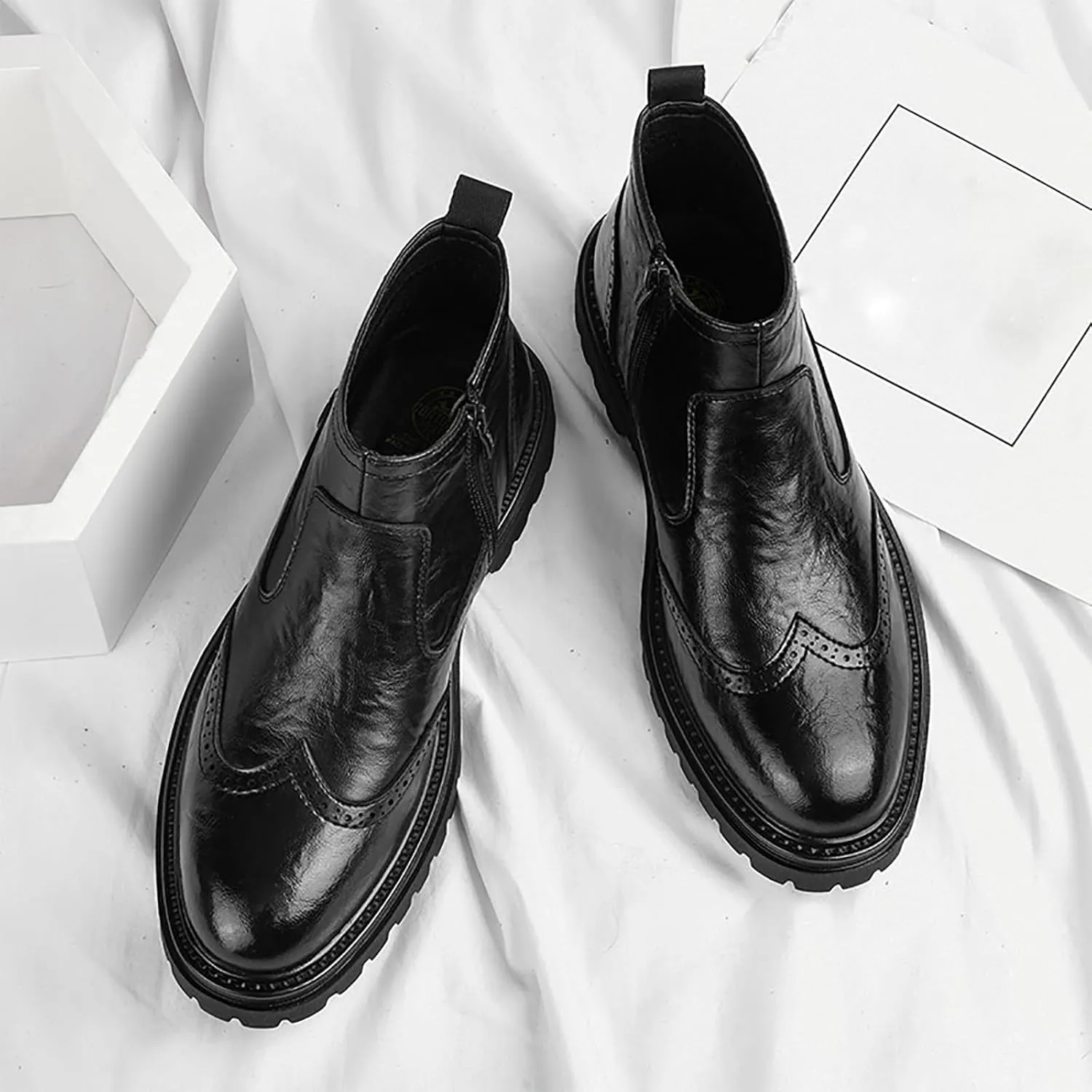 Men's Autumn/Winter New Genuine Leather Brogue Slip-On Thick Sole Mid-Calf Booties For Business Casual & Dressy Occasions - Comfortable & Durable