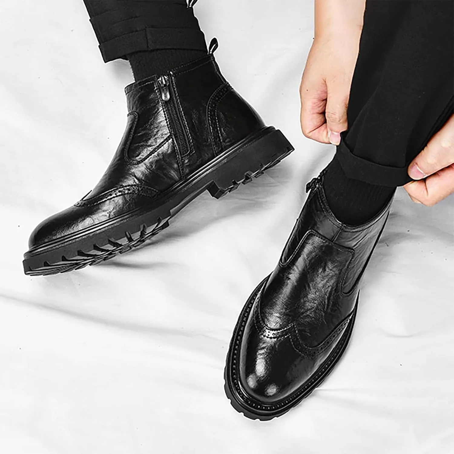 Men's Autumn/Winter New Genuine Leather Brogue Slip-On Thick Sole Mid-Calf Booties For Business Casual & Dressy Occasions - Comfortable & Durable