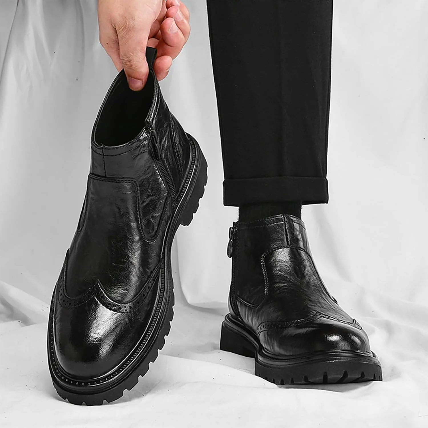 Men's Autumn/Winter New Genuine Leather Brogue Slip-On Thick Sole Mid-Calf Booties For Business Casual & Dressy Occasions - Comfortable & Durable