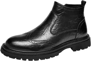 Men's Autumn/Winter New Genuine Leather Brogue Slip-On Thick Sole Mid-Calf Booties For Business Casual & Dressy Occasions - Comfortable & Durable