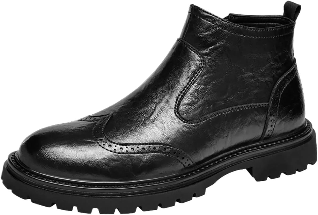 Men's Autumn/Winter New Genuine Leather Brogue Slip-On Thick Sole Mid-Calf Booties For Business Casual & Dressy Occasions - Comfortable & Durable