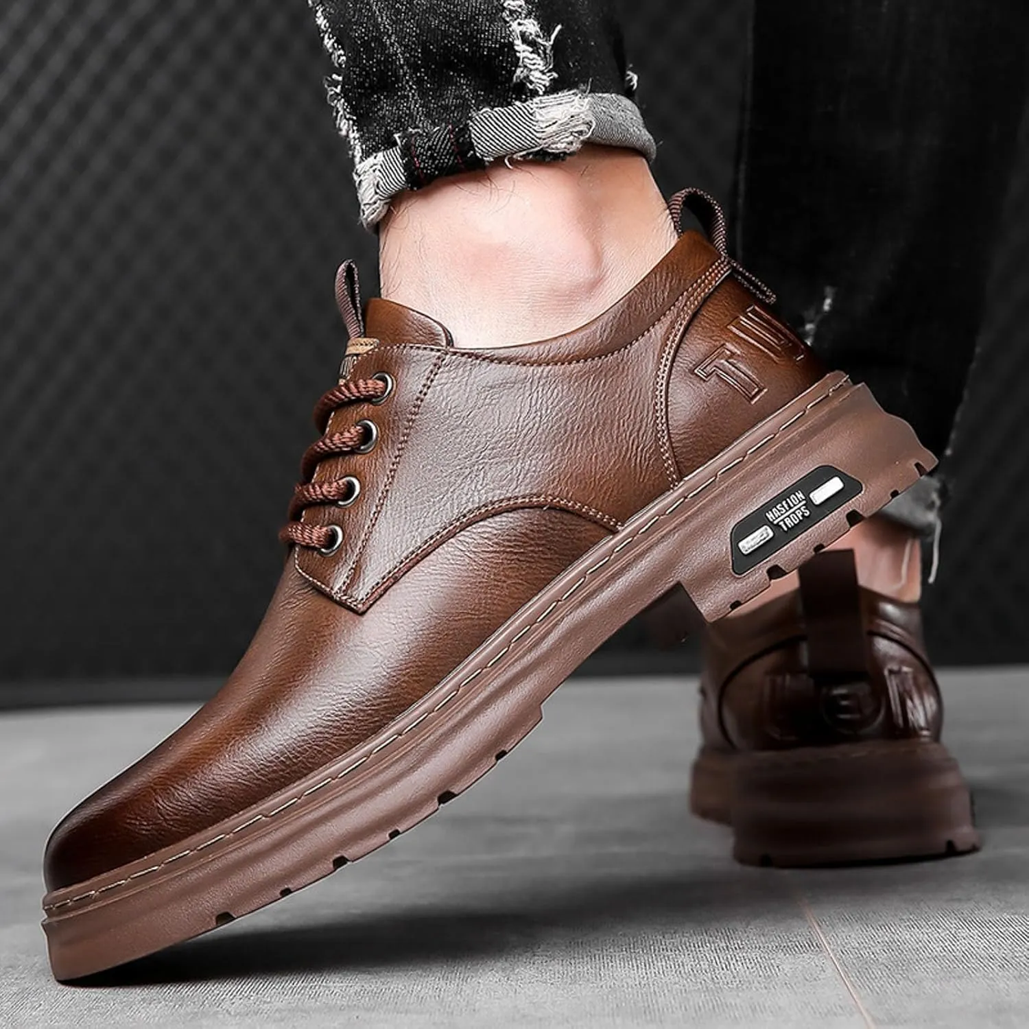 Mens Casual Plain Toe Derby with Comfort Thick Sole Arch Support Leather Shoes for Men Daily Work Supple Business Formal Derby Lacu up Leather Low Top Boots Durable Non Slip Sole