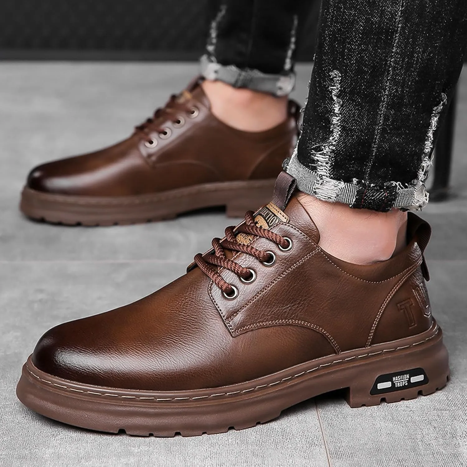 Mens Casual Plain Toe Derby with Comfort Thick Sole Arch Support Leather Shoes for Men Daily Work Supple Business Formal Derby Lacu up Leather Low Top Boots Durable Non Slip Sole