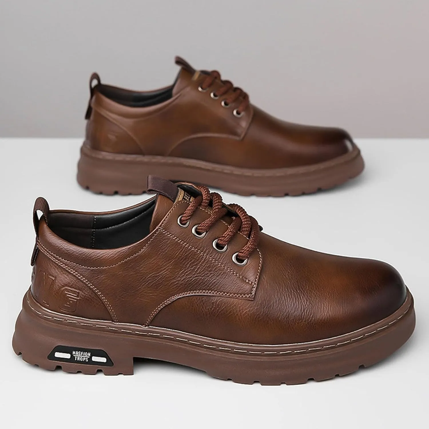 Mens Casual Plain Toe Derby with Comfort Thick Sole Arch Support Leather Shoes for Men Daily Work Supple Business Formal Derby Lacu up Leather Low Top Boots Durable Non Slip Sole