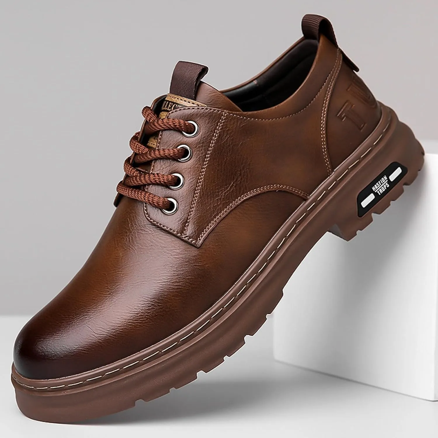 Mens Casual Plain Toe Derby with Comfort Thick Sole Arch Support Leather Shoes for Men Daily Work Supple Business Formal Derby Lacu up Leather Low Top Boots Durable Non Slip Sole