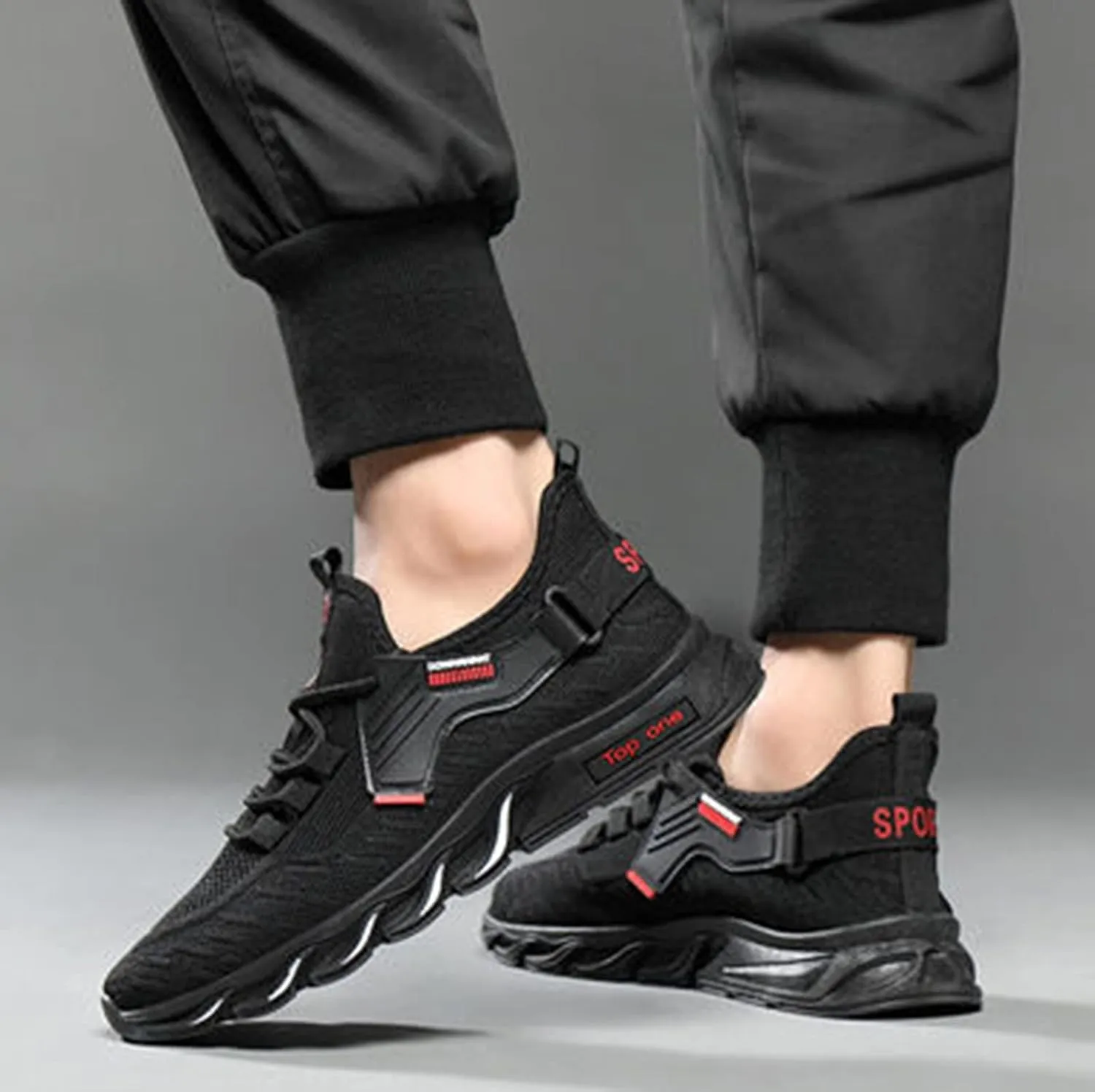 Mens Cushion Running Shoes with Breathable Mesh Knit,Lightweight Non-Slip Waking Hiking Low Top Shoes,Simple Black Sports Fitness Sneaker for Men with Arch Support and Durable Sole