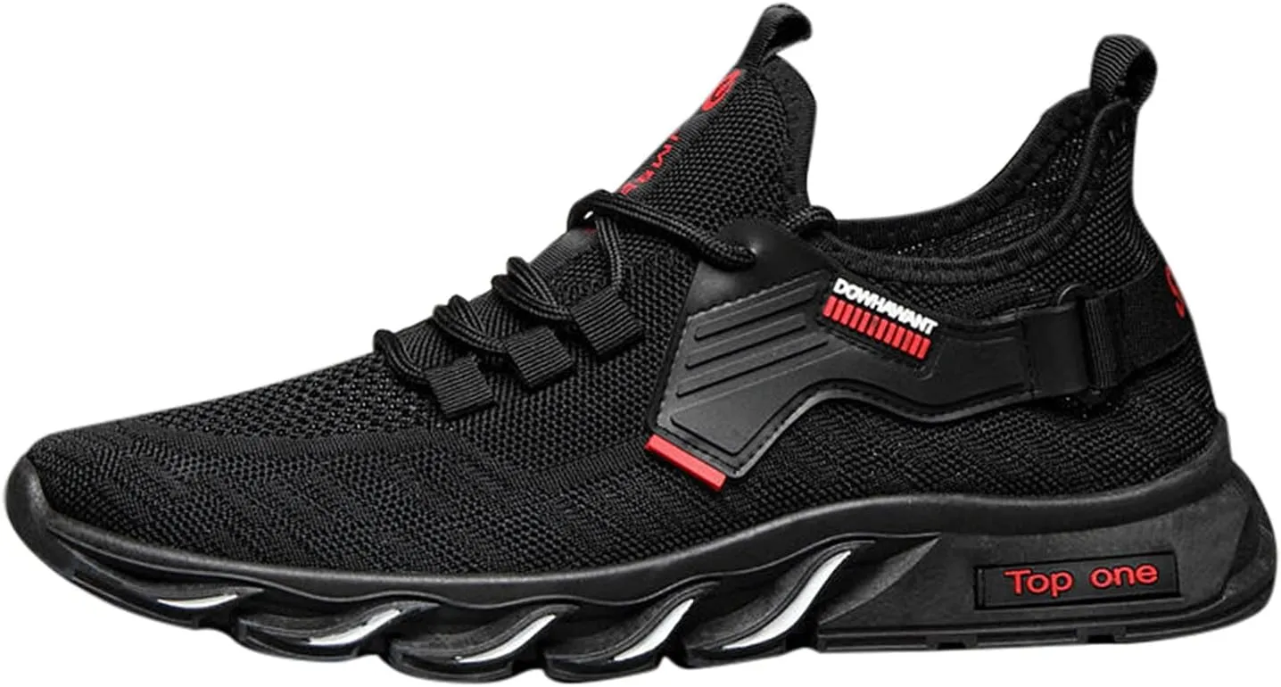 Mens Cushion Running Shoes with Breathable Mesh Knit,Lightweight Non-Slip Waking Hiking Low Top Shoes,Simple Black Sports Fitness Sneaker for Men with Arch Support and Durable Sole