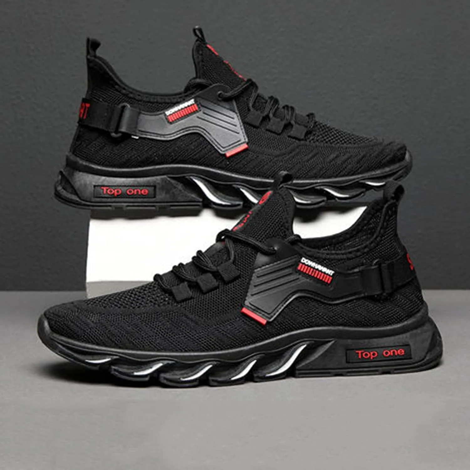 Mens Cushion Running Shoes with Breathable Mesh Knit,Lightweight Non-Slip Waking Hiking Low Top Shoes,Simple Black Sports Fitness Sneaker for Men with Arch Support and Durable Sole