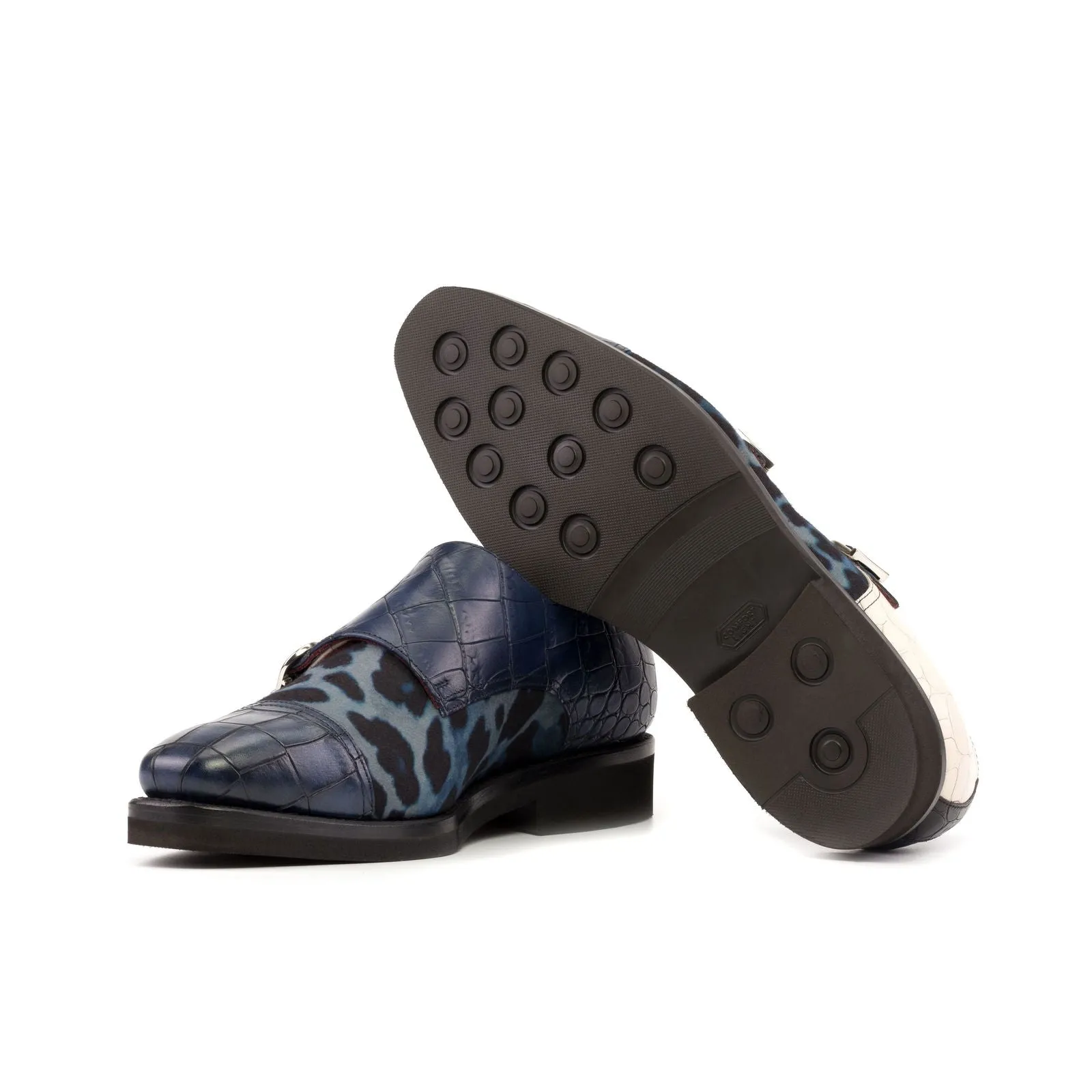 Men's Double Monk Leather Shoes Goodyear Welt Wide Plus Size Black Blue 5237