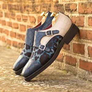 Men's Double Monk Leather Shoes Goodyear Welt Wide Plus Size Black Blue 5237