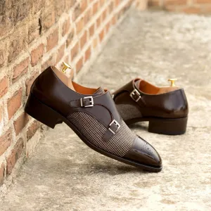 Men's Double Monk Leather Shoes Goodyear Welt Wide Plus Size Brown Dark Brown 4981