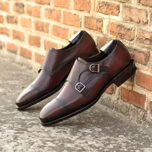 Men's Double Monk Leather Shoes Goodyear Welt Wide Plus Size Burgundy 5404