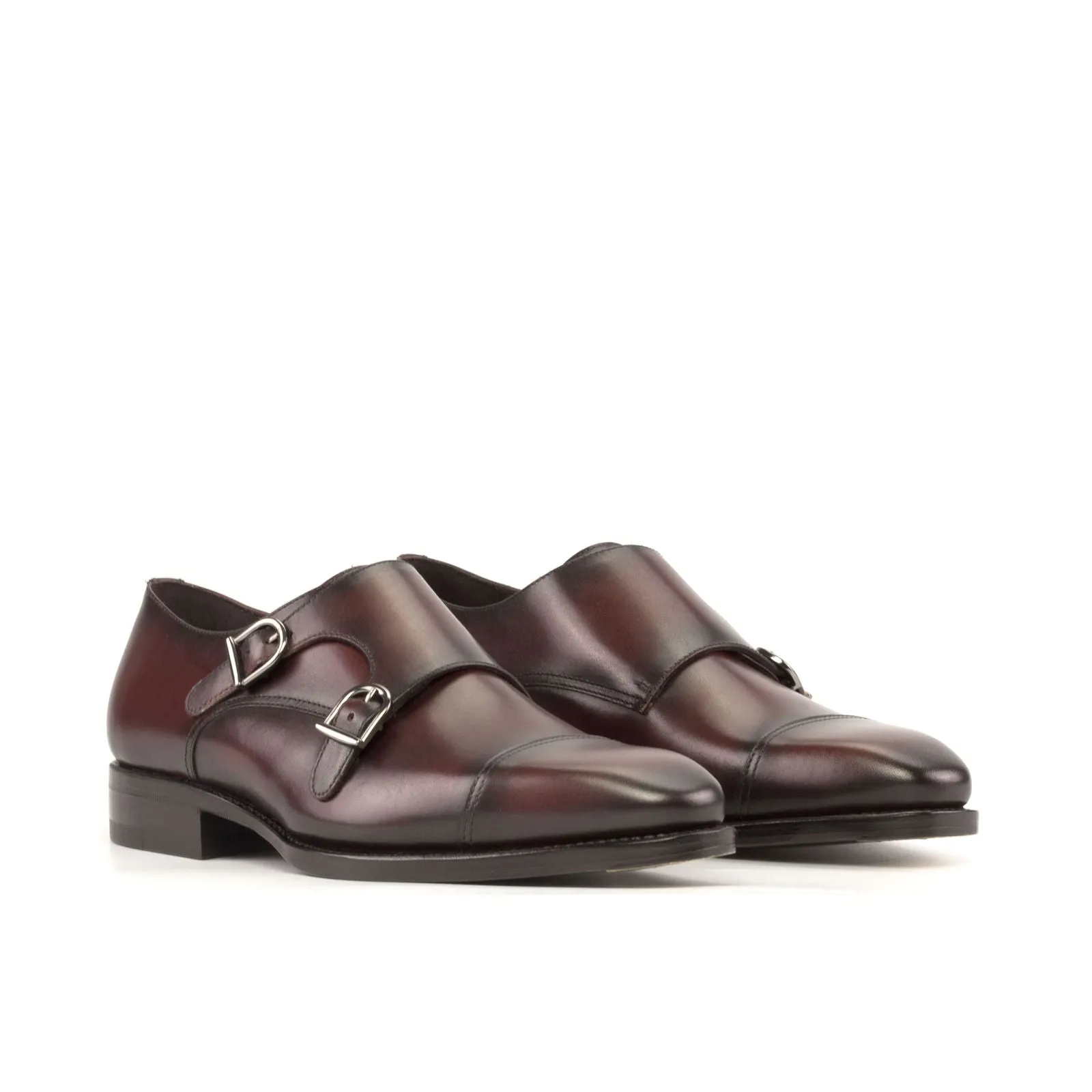 Men's Double Monk Leather Shoes Goodyear Welt Wide Plus Size Burgundy 5404