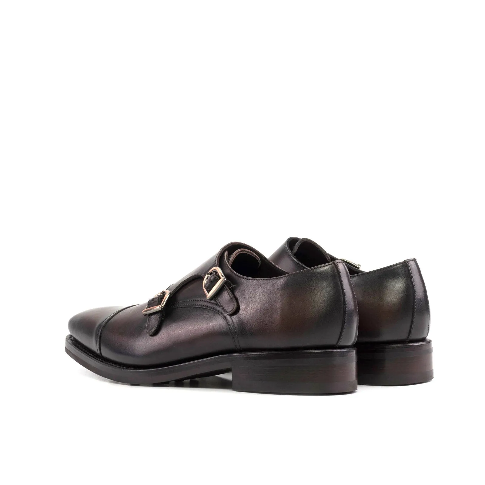 Men's Double Monk Leather Shoes Goodyear Welt Wide Plus Size Dark Brown 5703