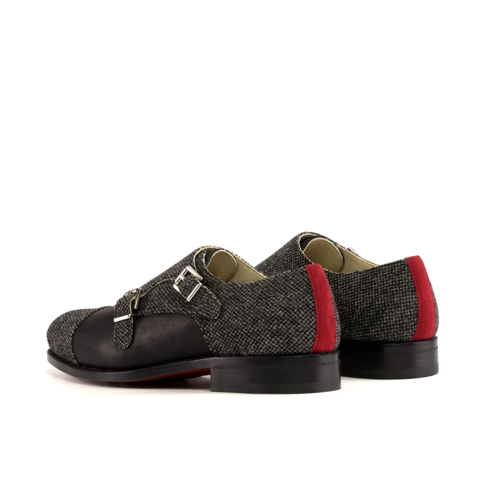 Men's Double Monk Leather Shoes Goodyear Welt Wide Plus Size Grey Red 5445