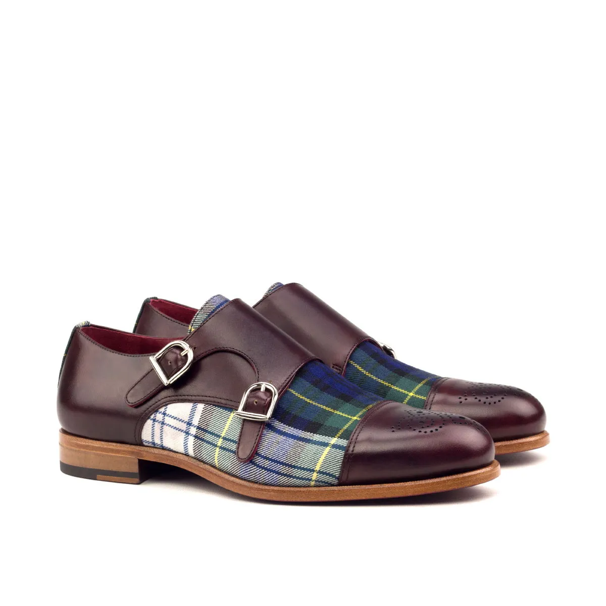 Men's Double Monk Leather Shoes Wide Plus Size Blue Burgundy 2604