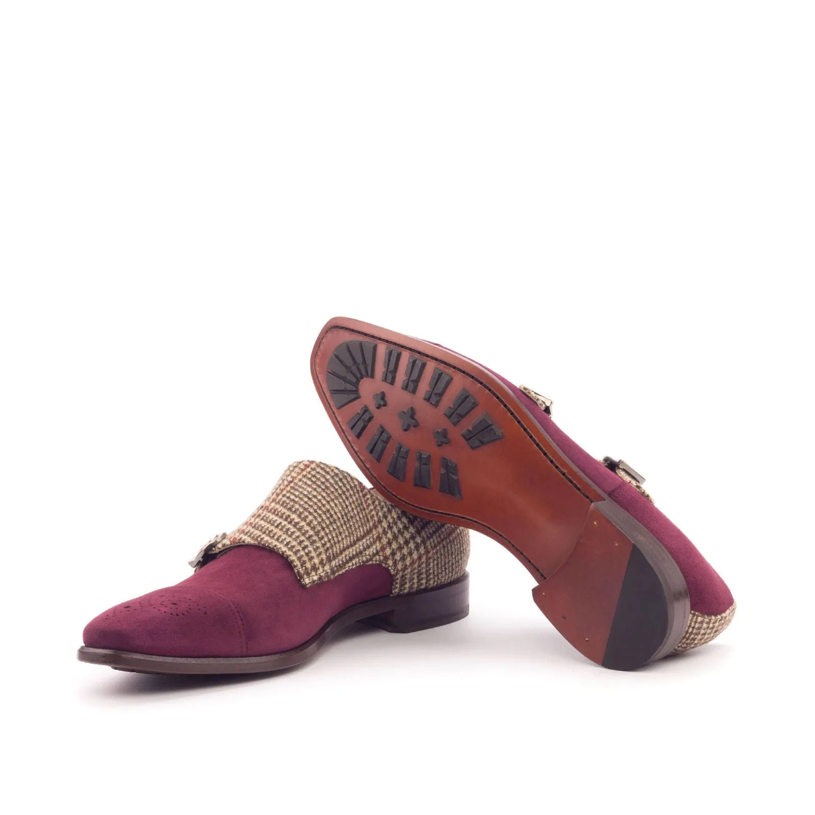 Men's Double Monk Leather Shoes Wide Plus Size Brown Burgundy 3087