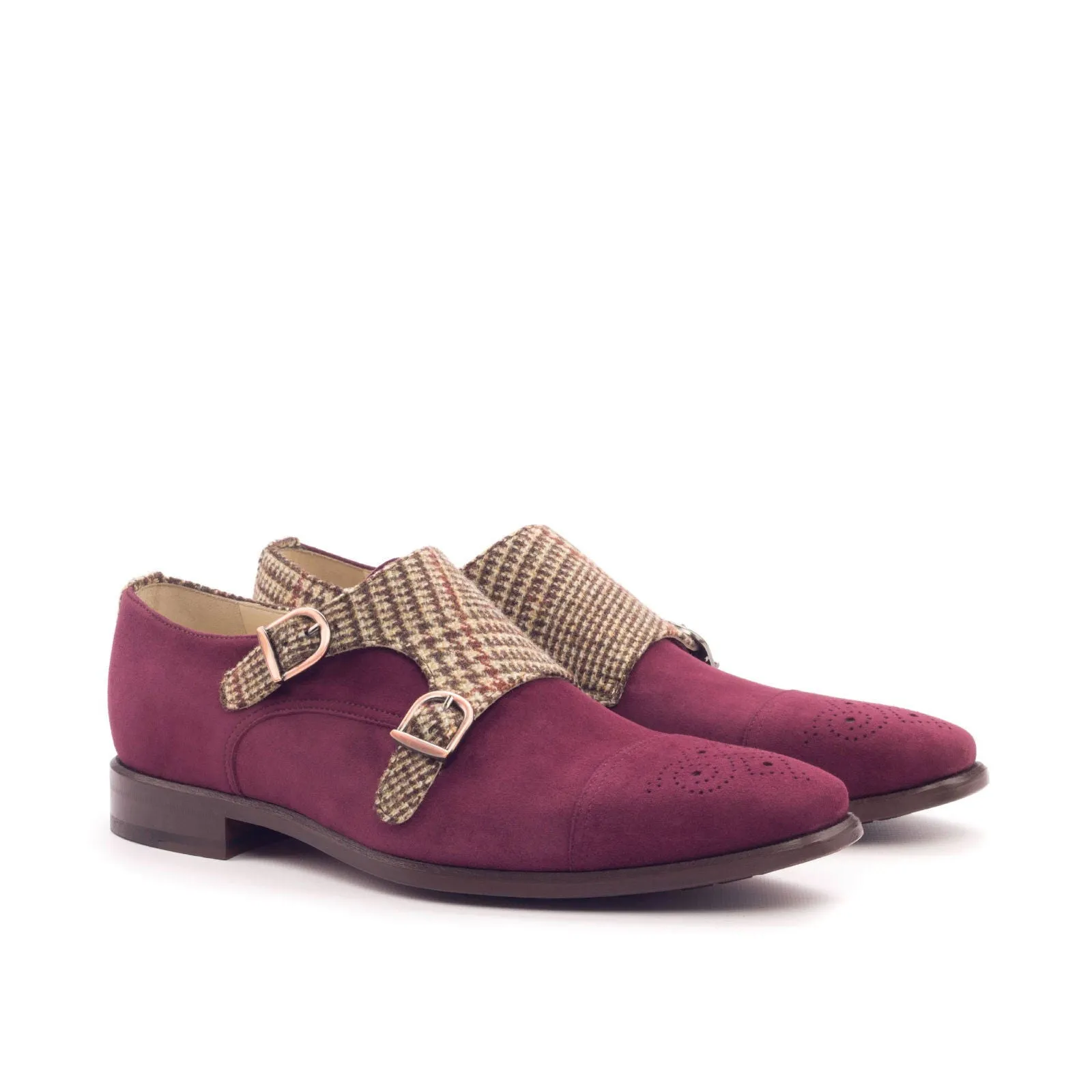 Men's Double Monk Leather Shoes Wide Plus Size Brown Burgundy 3087