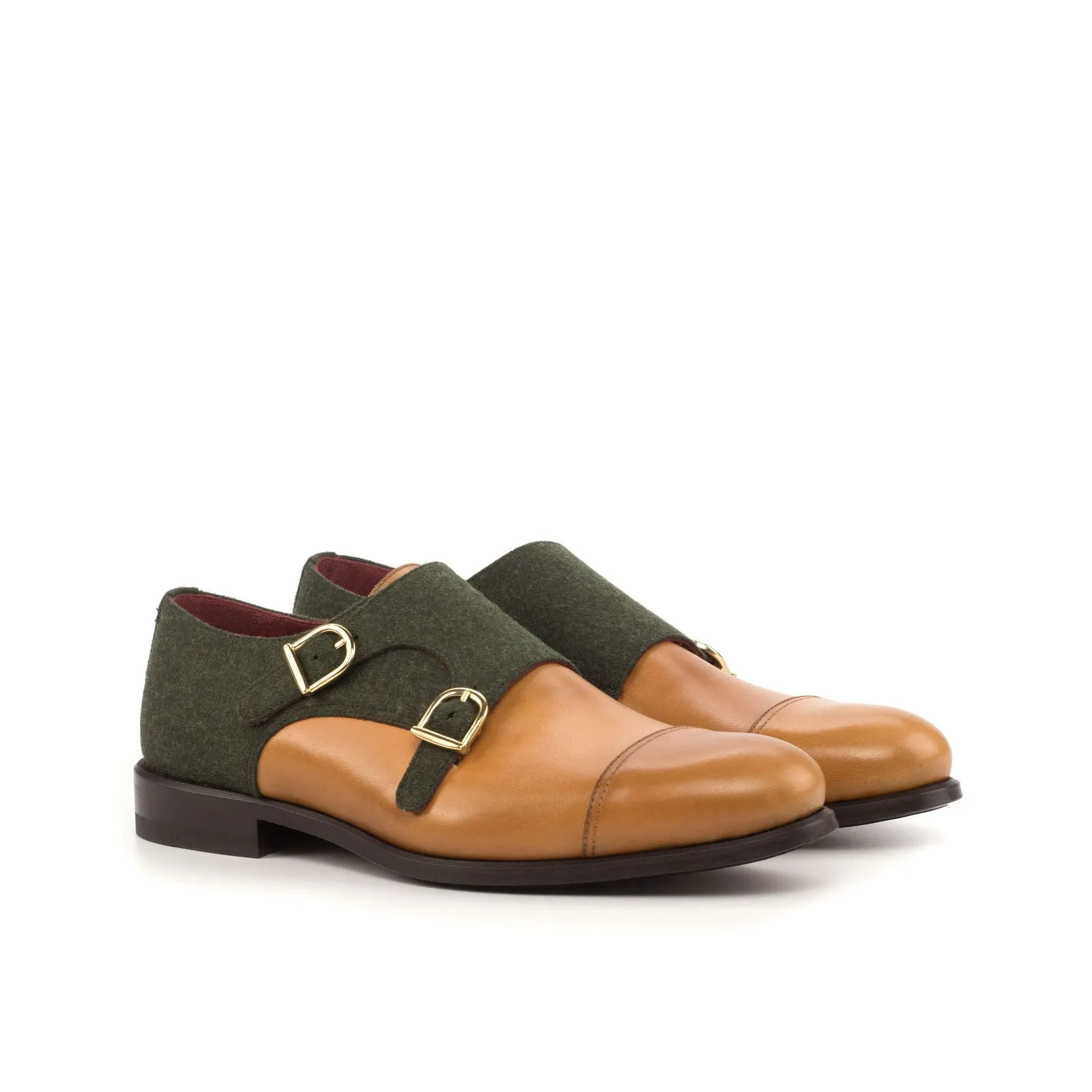 Men's Double Monk Leather Shoes Wide Plus Size Green Brown 4555