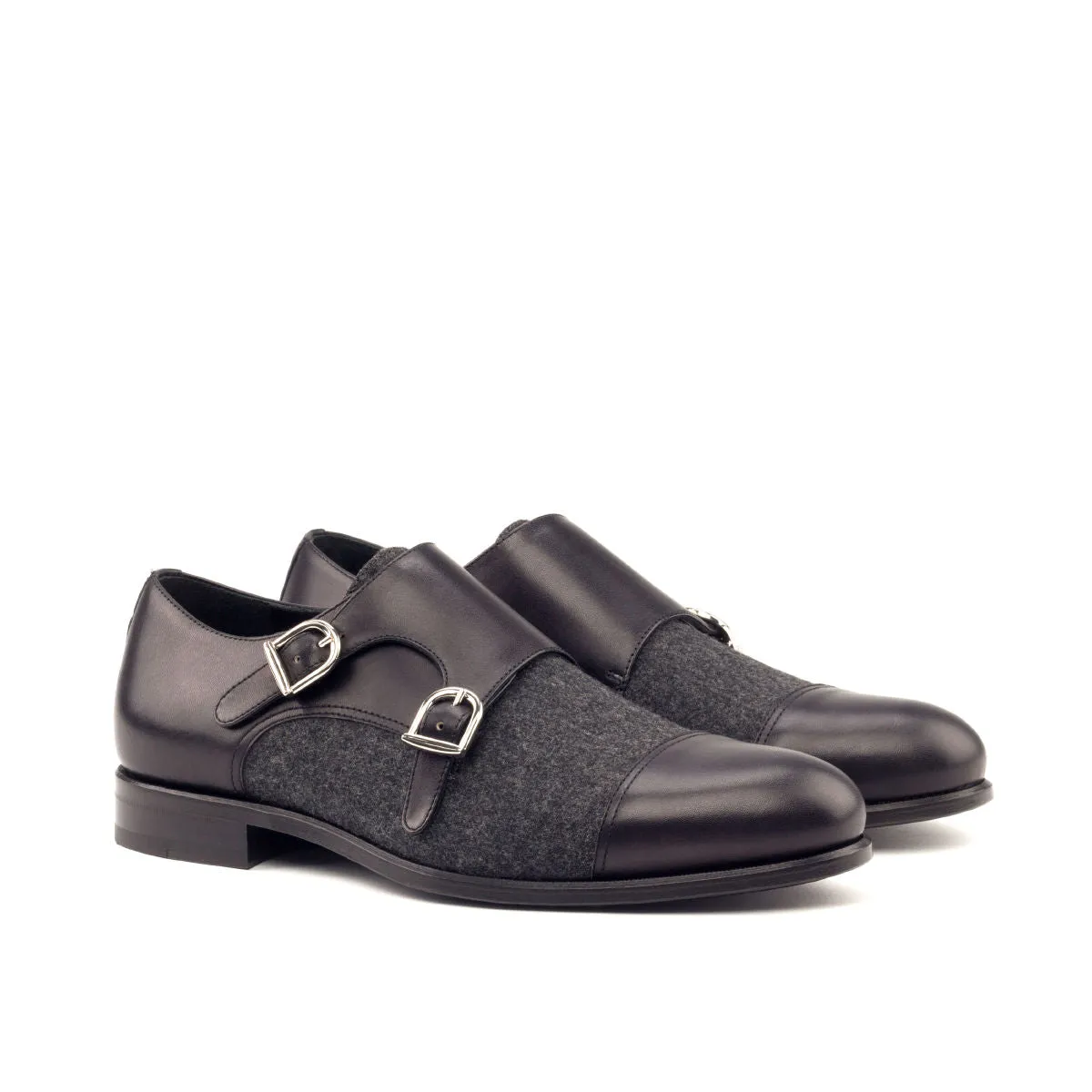 Men's Double Monk Leather Shoes Wide Plus Size Grey Black 2644