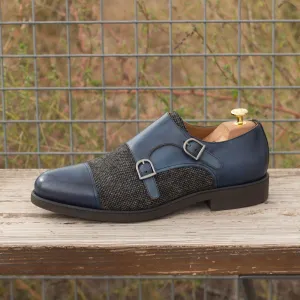 Men's Double Monk Leather Shoes Wide Plus Size Grey Blue 3107