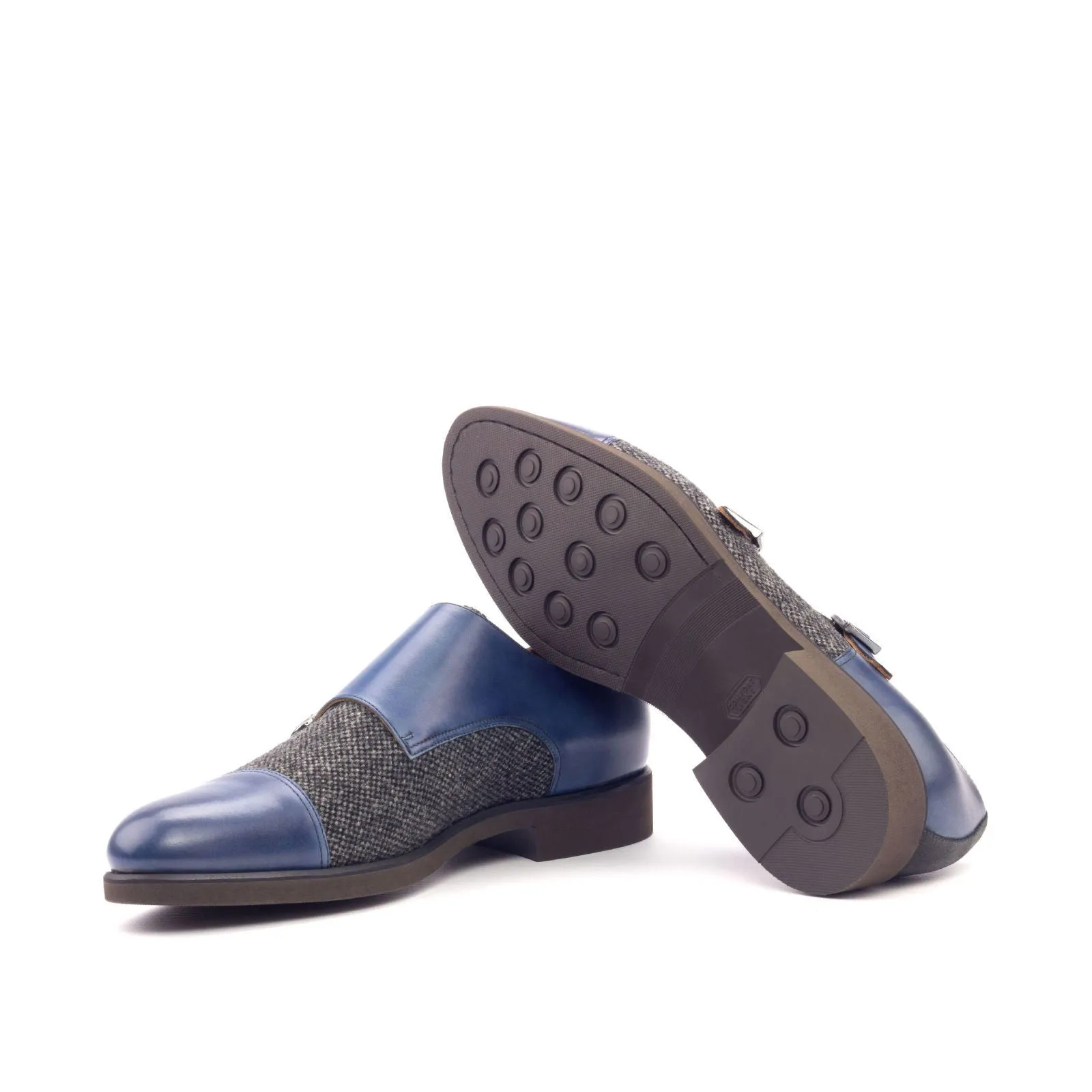 Men's Double Monk Leather Shoes Wide Plus Size Grey Blue 3107