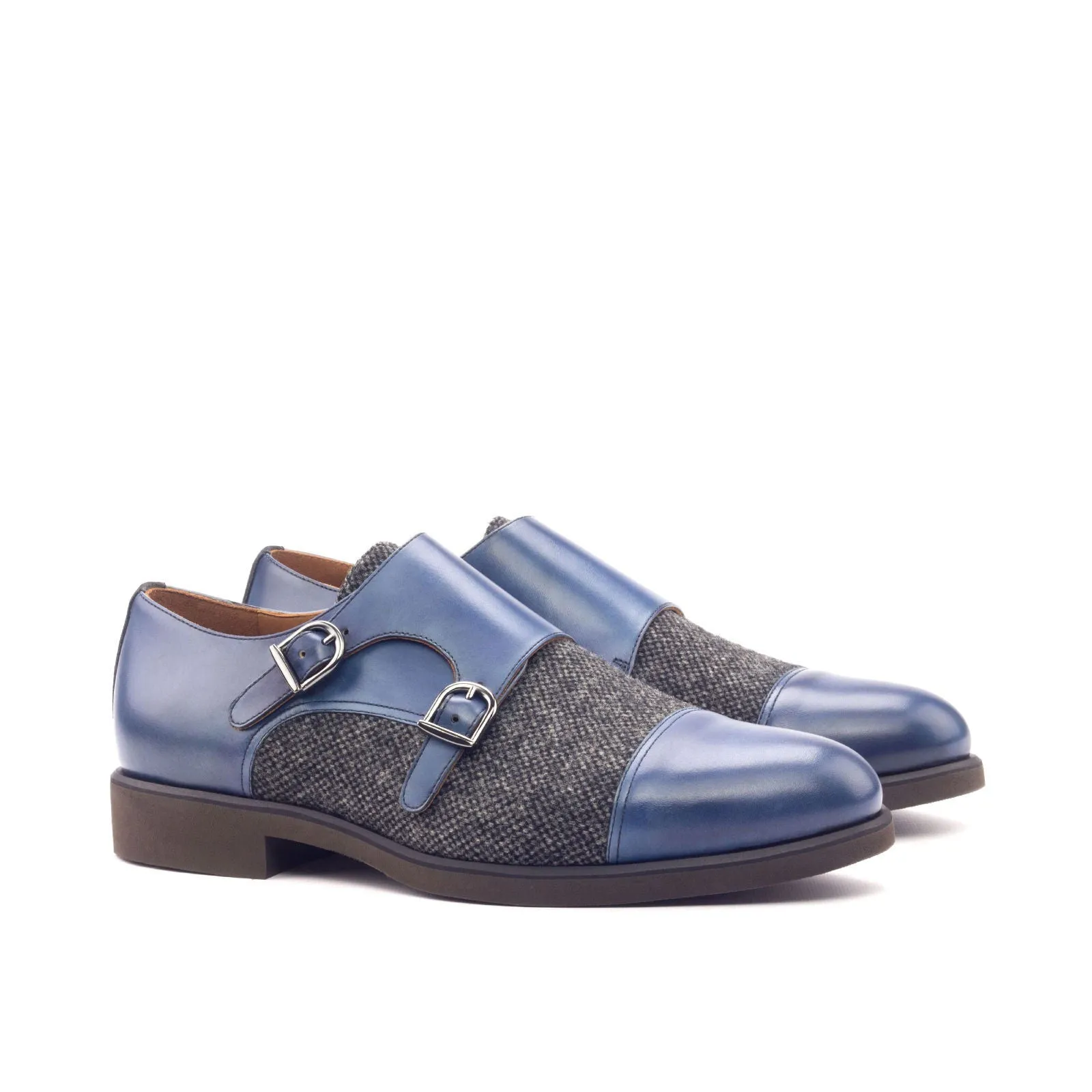 Men's Double Monk Leather Shoes Wide Plus Size Grey Blue 3107