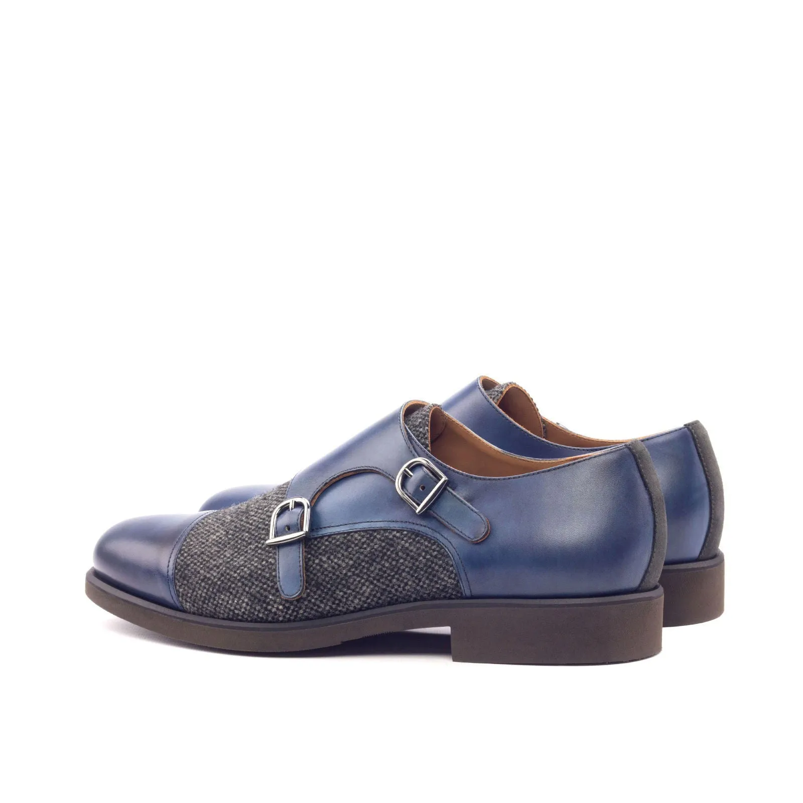 Men's Double Monk Leather Shoes Wide Plus Size Grey Blue 3107
