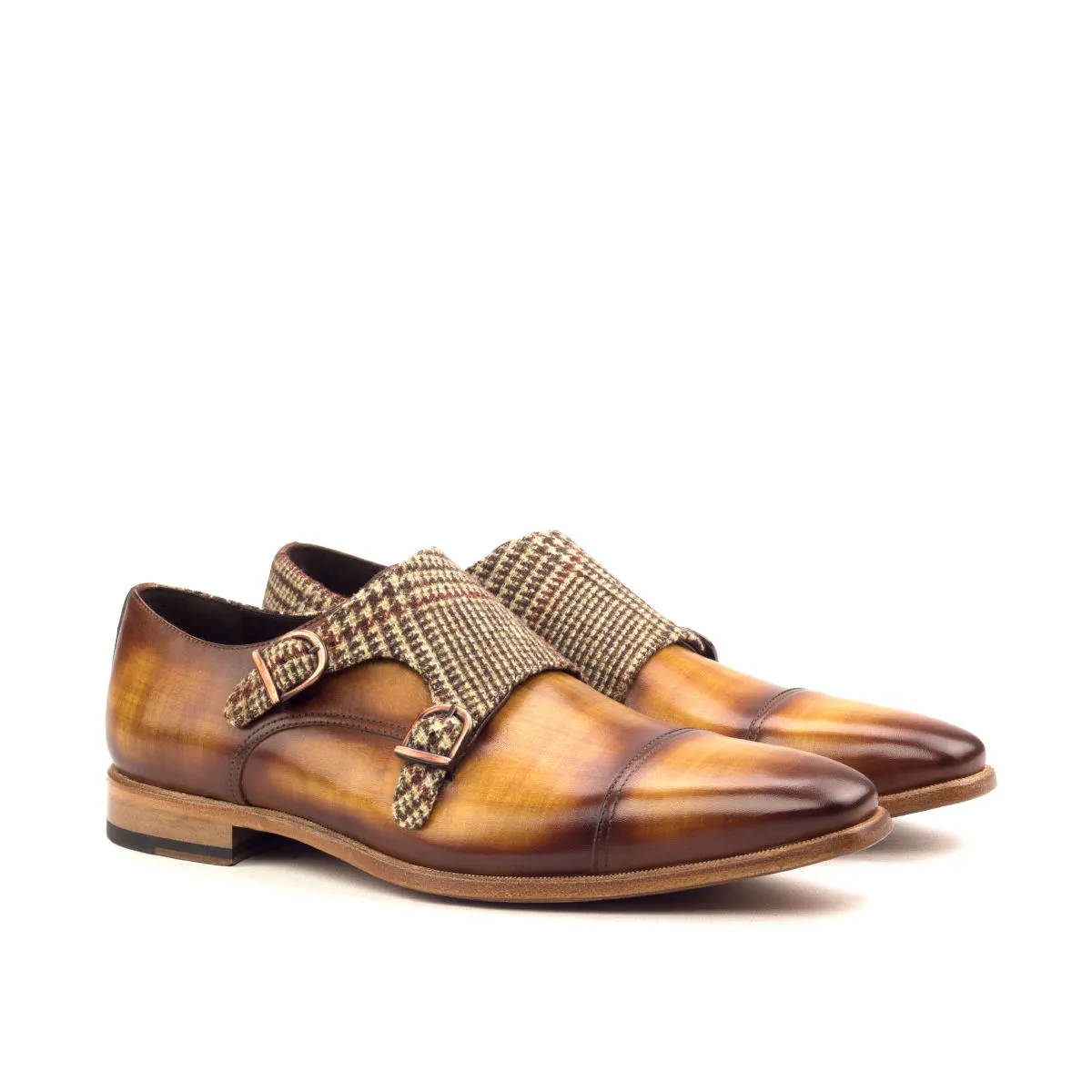 Men's Double Monk Shoes Patina Leather Wide Plus Size Brown 2568