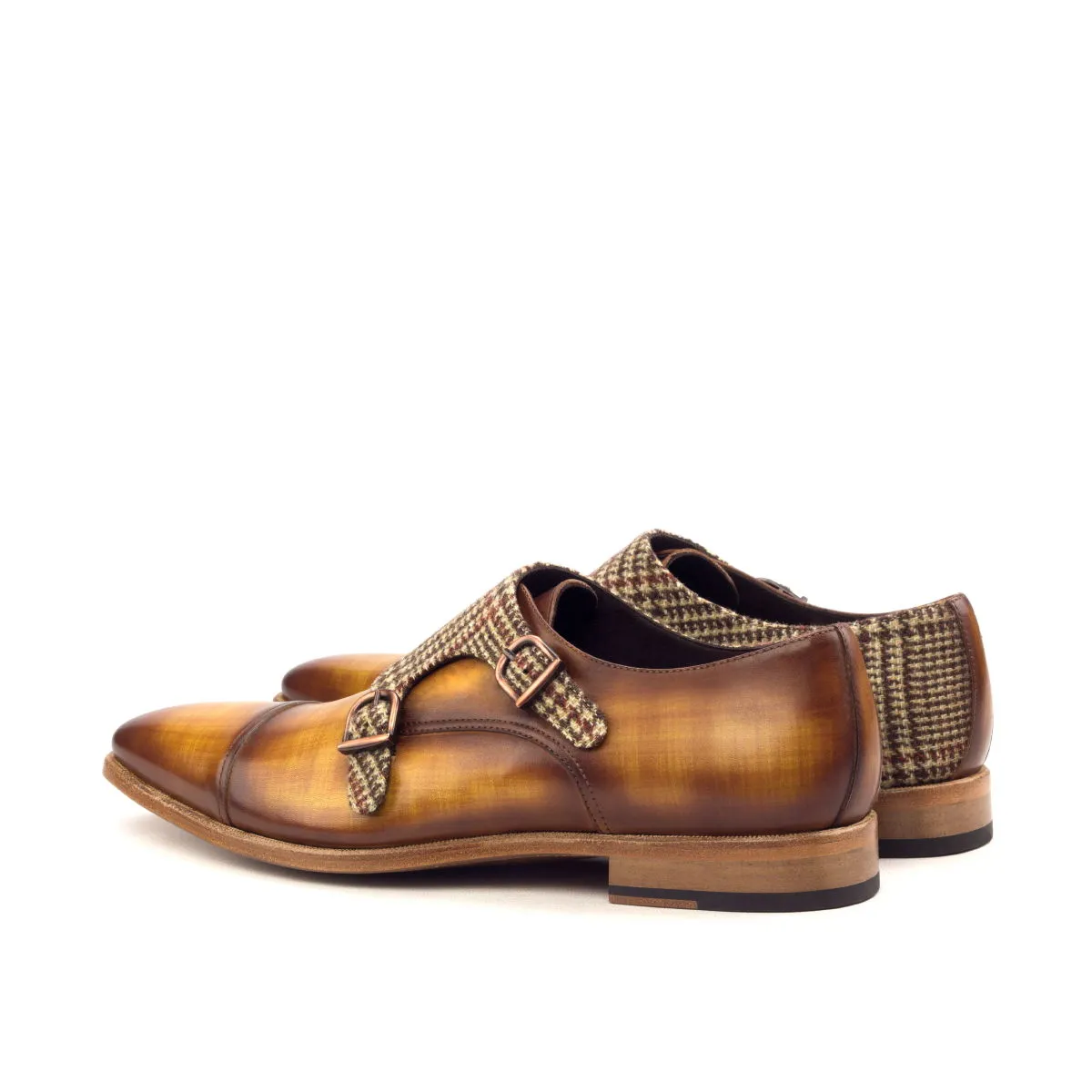 Men's Double Monk Shoes Patina Leather Wide Plus Size Brown 2568