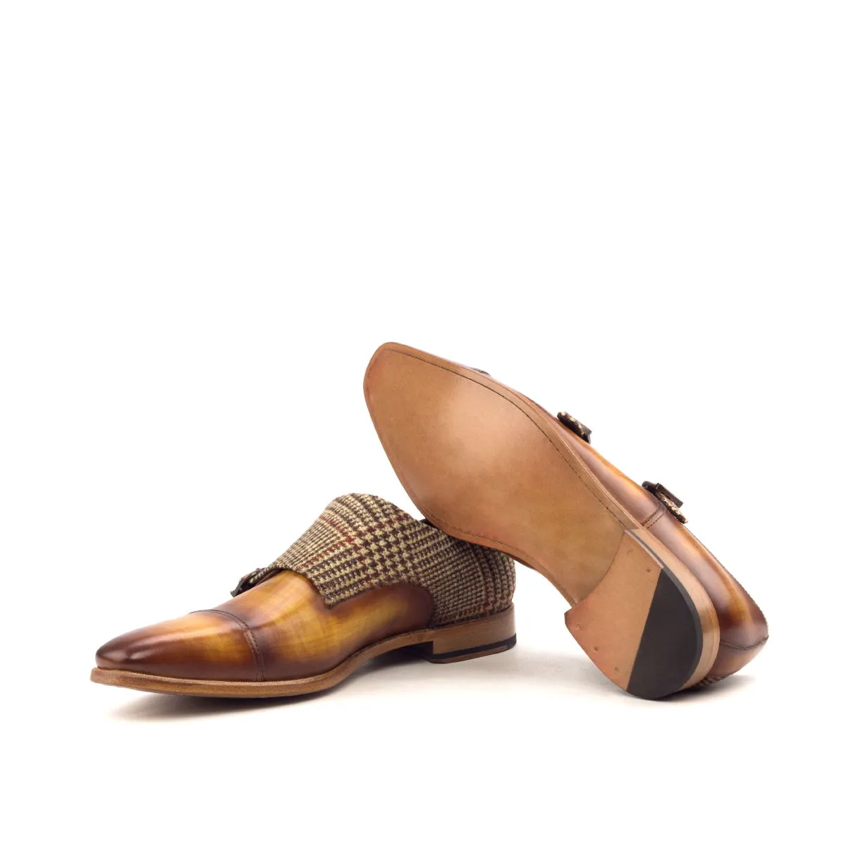 Men's Double Monk Shoes Patina Leather Wide Plus Size Brown 2568
