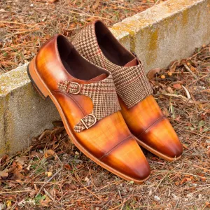Men's Double Monk Shoes Patina Leather Wide Plus Size Brown 2568