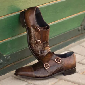 Men's Double Monk Shoes Patina Leather Wide Plus Size Brown Dark Brown 1997