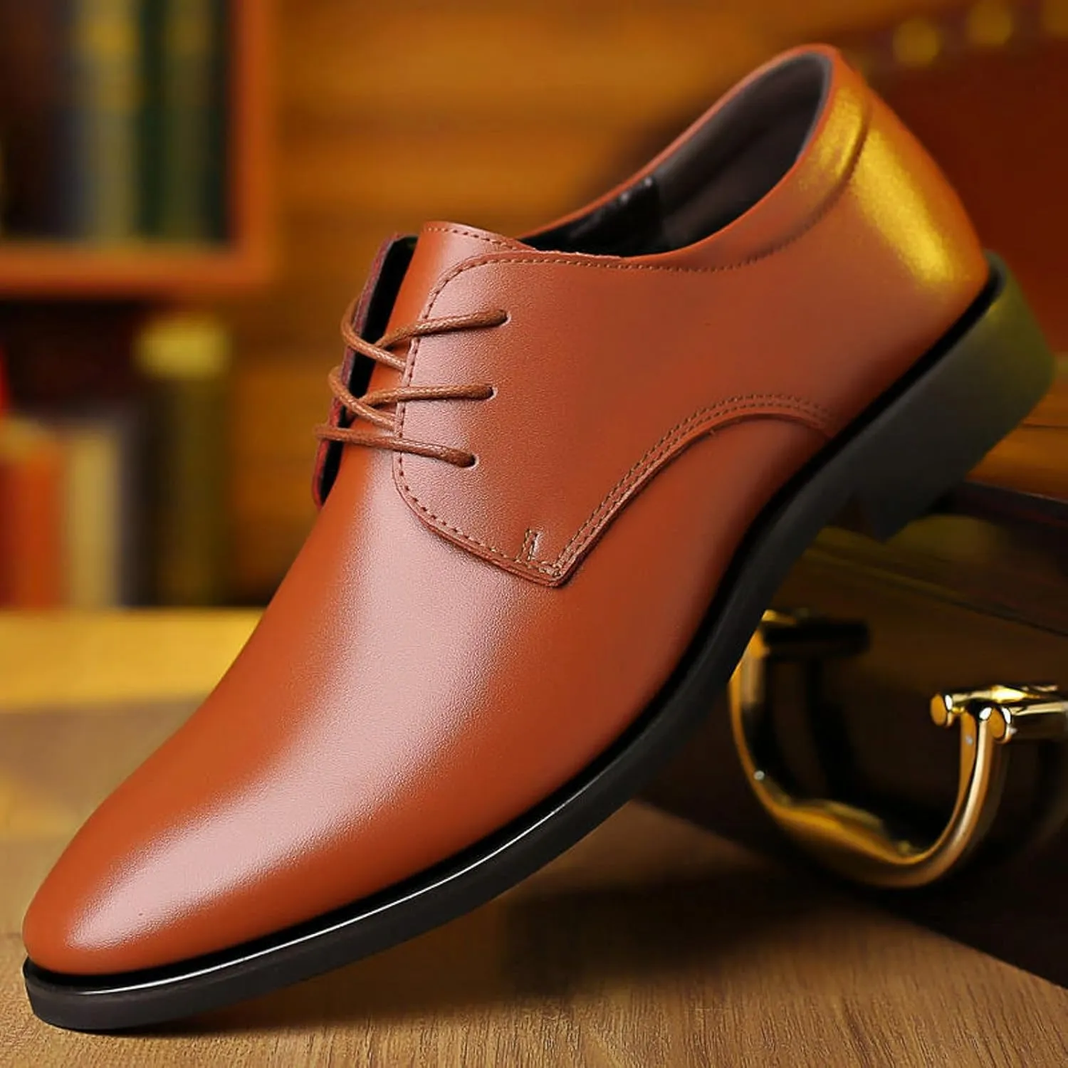 Mens Durable Plain Toe Derby Comfortable Business Formal Shoes with Arch Support Non Slip Casual Leather Shoe Low Top Lace Up Dress Shoe for Men Waterproof Daily Work Footwear