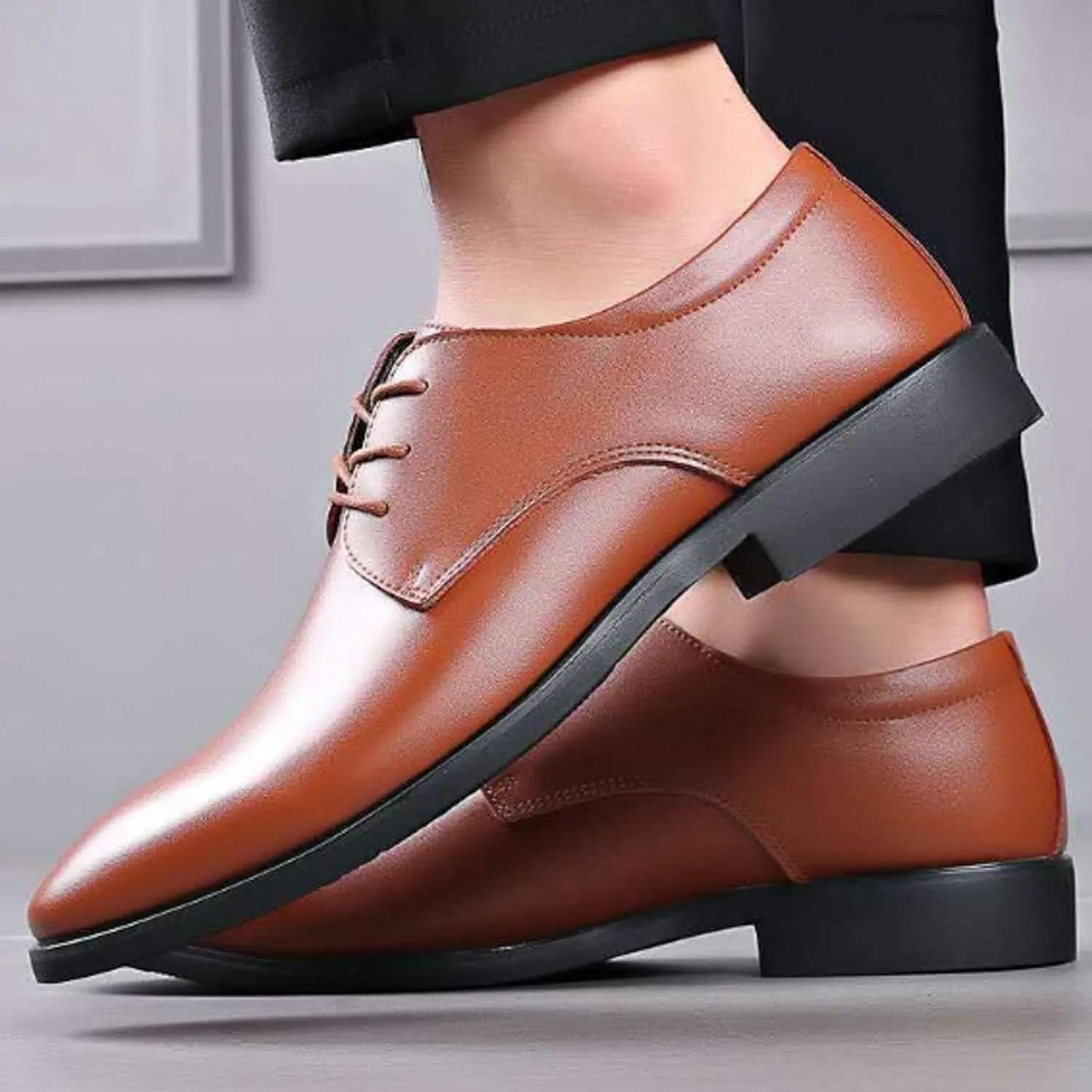 Mens Durable Plain Toe Derby Comfortable Business Formal Shoes with Arch Support Non Slip Casual Leather Shoe Low Top Lace Up Dress Shoe for Men Waterproof Daily Work Footwear