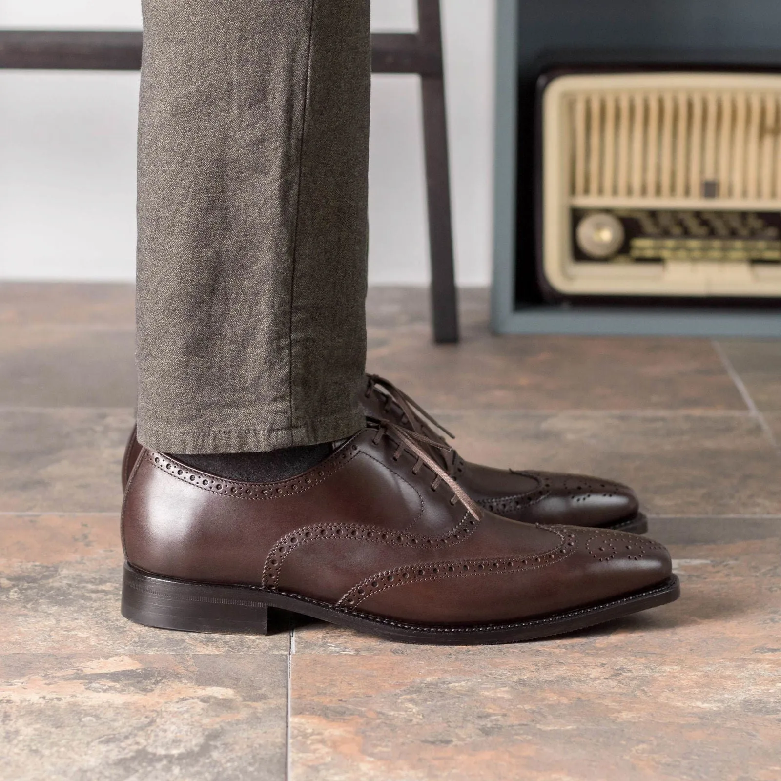 Men's Full Brogue Leather Shoes Goodyear Welt Wide Plus Size Dark Brown 5515